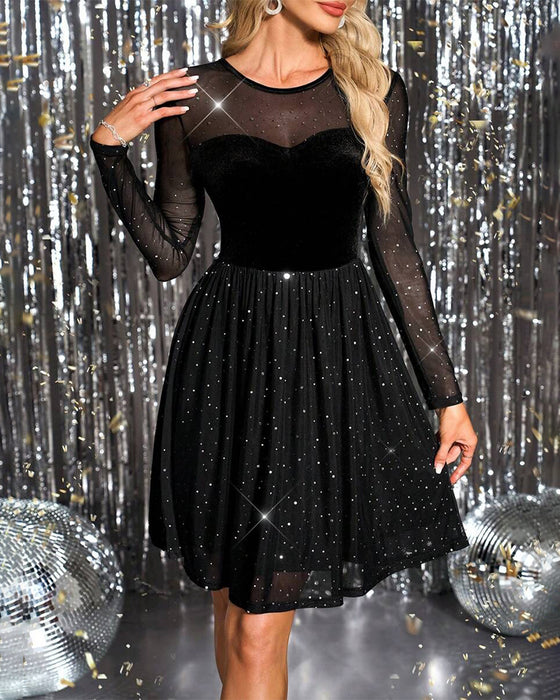 Sparkly Mesh Velvet Patchwork A-Line Dress