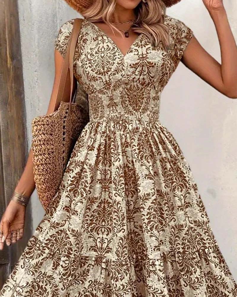 Retro Print V-Neck Cinched Waist Long Dress