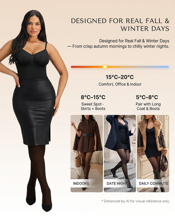 Sheer-Panel with Fleece Lined Tights Stay-Warm Tummy Control Sheer Effect Tights Bodysuit