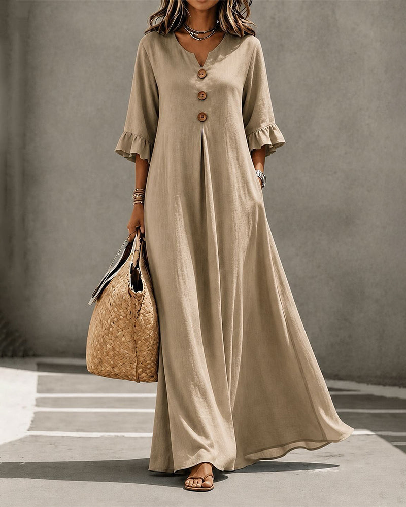 V-Neck Button Ruffle Full Skirt Dress
