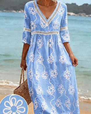 V-Neck Hollow Out Patchwork Floral Loose Dress