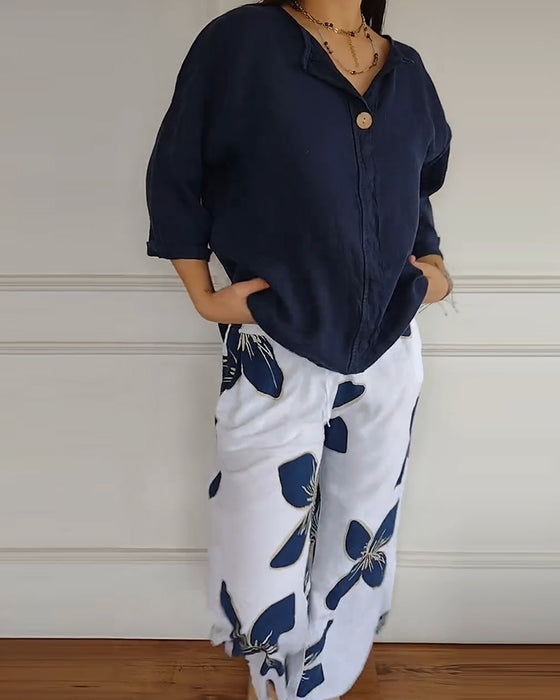 Crew Neck Casual Printed Trousers Set