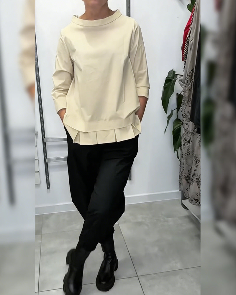 100% Cotton Wide-Collar Solid Color Casual Blouse