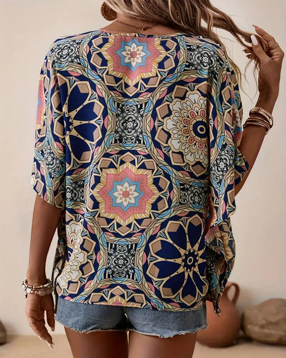 Retro printed V-neck button half sleeve blouse
