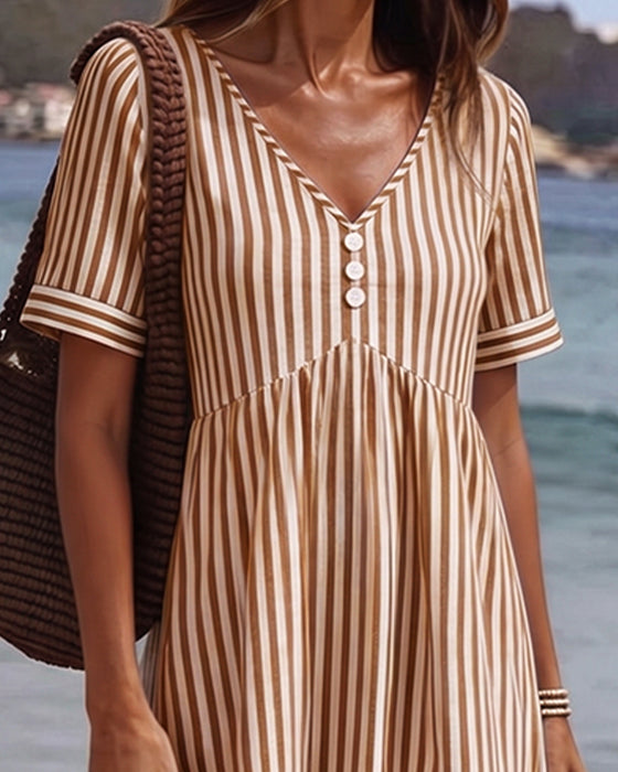 Vertical Stripe Babydoll V Neck A Line Dress