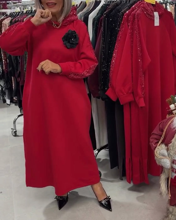 Hooded Sequin Patchwork Long Dress