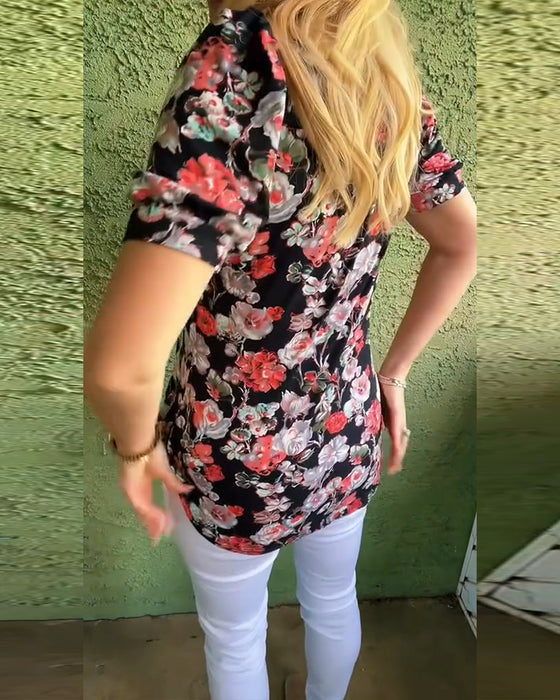 Round Neck Puff Sleeve Pleated Floral Blouse