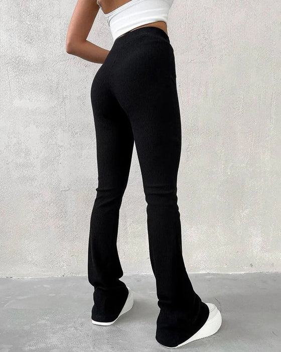 Solid color flared slim fit trousers
