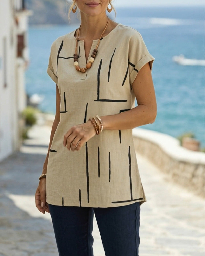 Geometric Line V-Neck Short-Sleeve Top