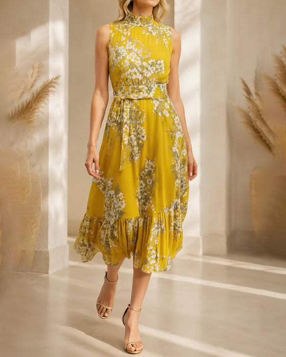 Mock Neck Sleeveless Waist-Cinching Floral Dress