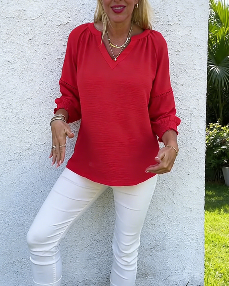 Three-Quarter Sleeve V-Neck Loose Top