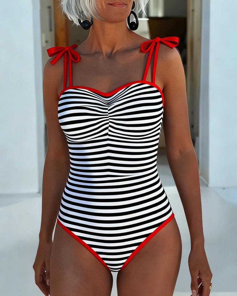 Striped Red Trim Halterneck One-Piece