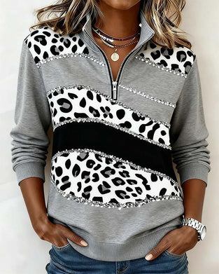 Leopard Print Shimmering With Half-Zip Collar Sweatshirt