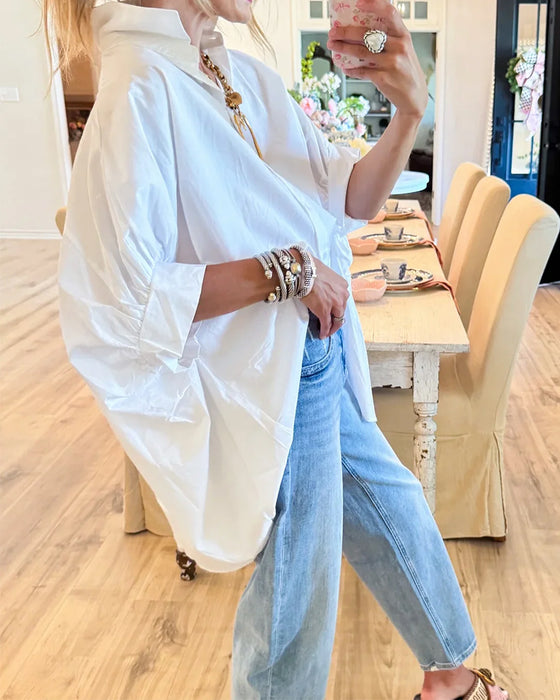 Loose-Fit Drop-Shoulder White Long-Sleeve Blouse