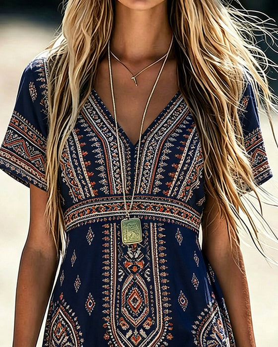 V-Neck Short-Sleeved Geometric Print Dress
