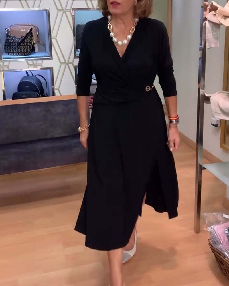 V-Neck Fitted Waist Slit Dress