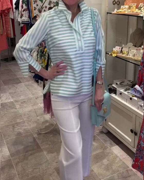 Striped Lapel Three-Quarter Sleeve Blouse