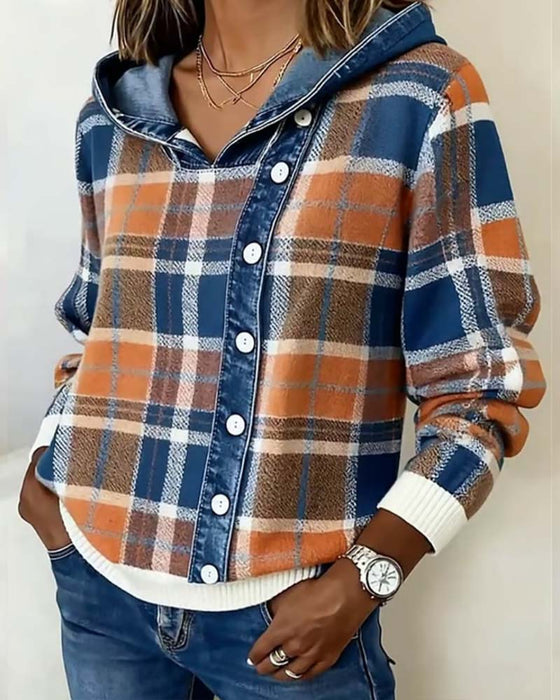 Casual Denim Plaid Patchwork Hooded