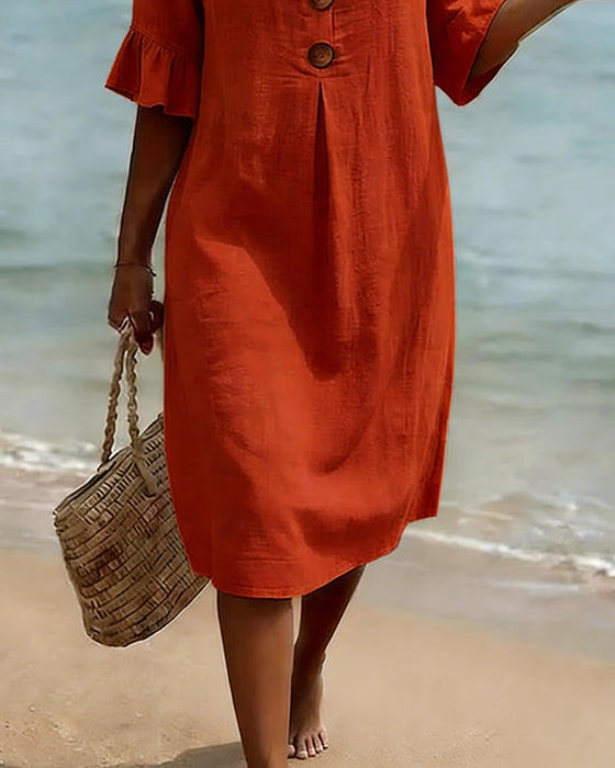 Button Ruffle Sleeve 100% Cotton Dress