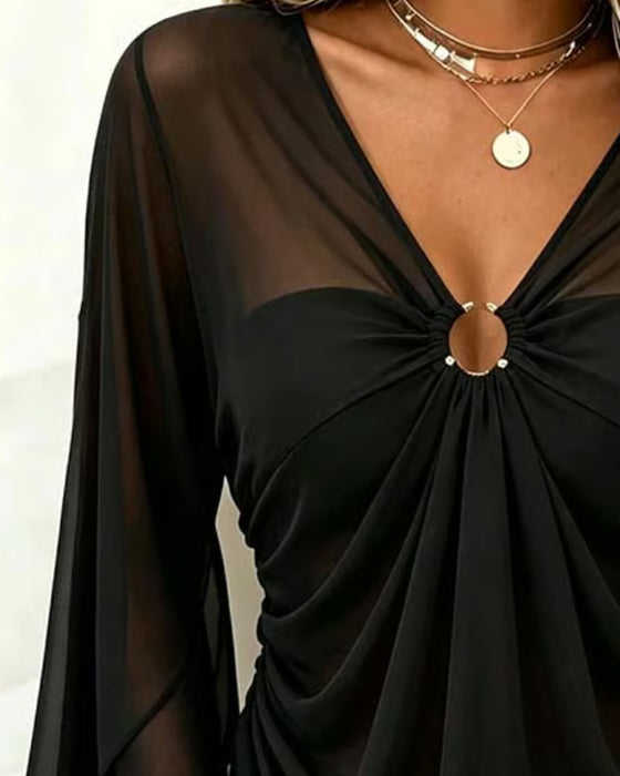 V-Neck Metal Ring Twist Blouse