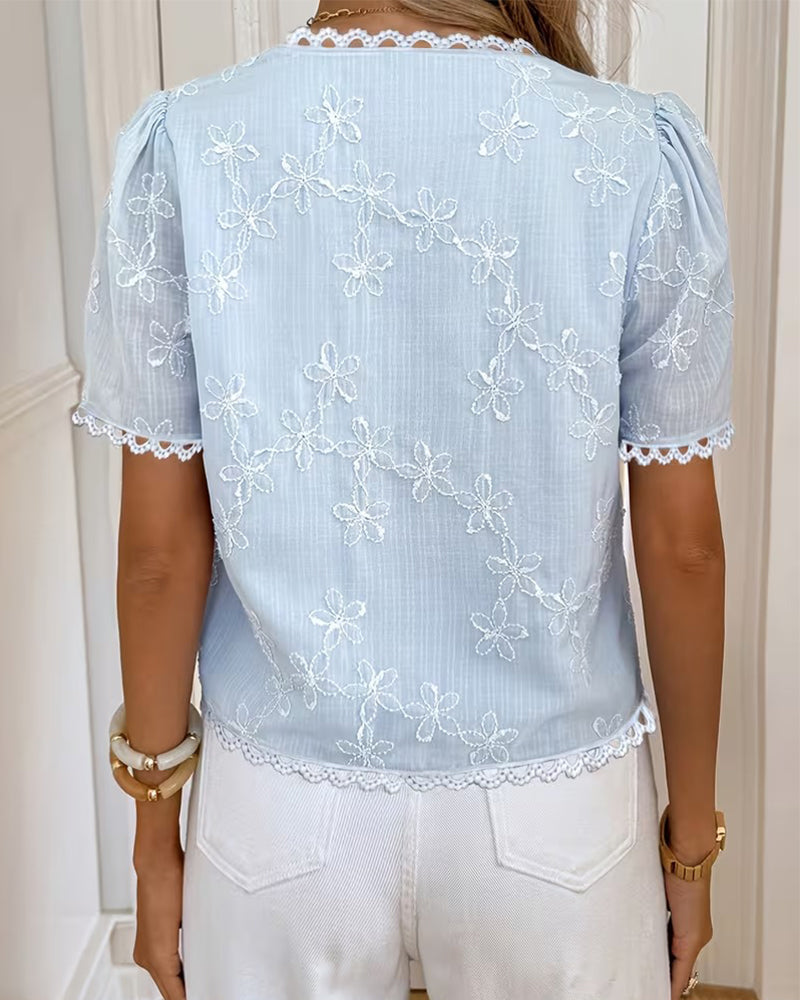 French V-Neck Scalloped Edge Blouse