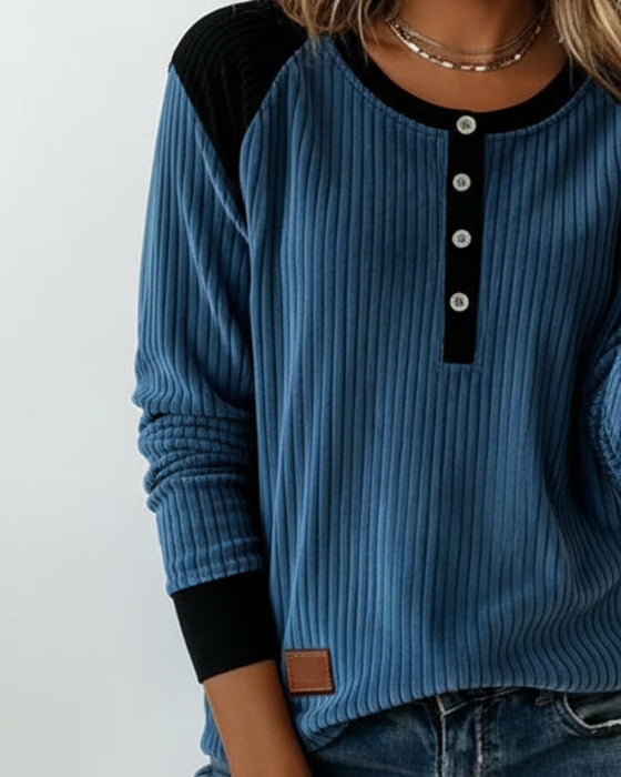 Button Ribbed Color-Block Top