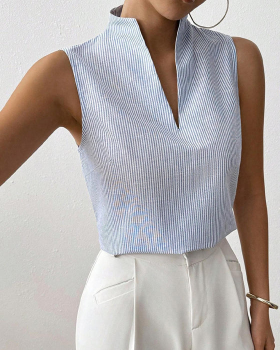 Sleeveless V-Neck Striped Blouse