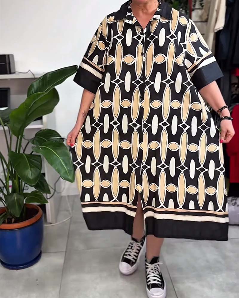 Collared Printed Short-Sleeve Loose Dress