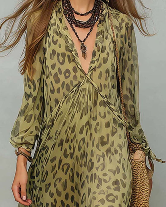 V-Neck Long Sleeve Leopard Maxi Dress
