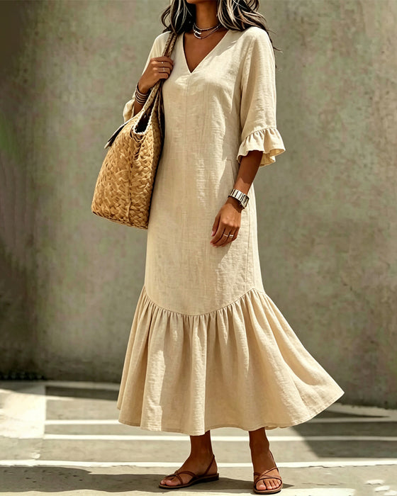 V-Neck Pocket Ruffle Fitted Dress