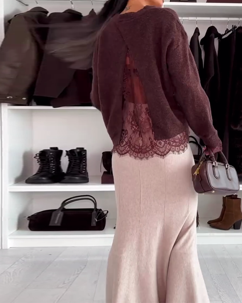 Lace Panel Crew Neck Pullover