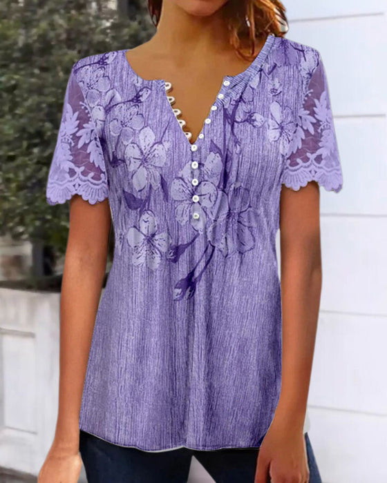 Lace Panel Round Neck Printed Blouse