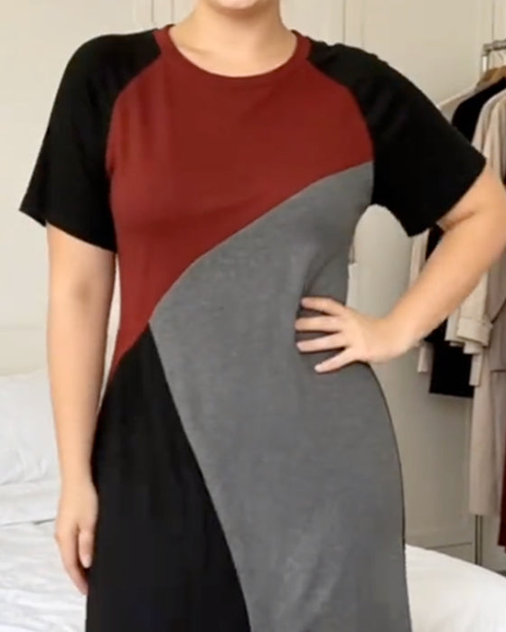 Patchwork Raglan Round Neck Dress