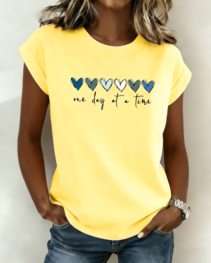 Heart-Print Crew Neck Short-Sleeve Top