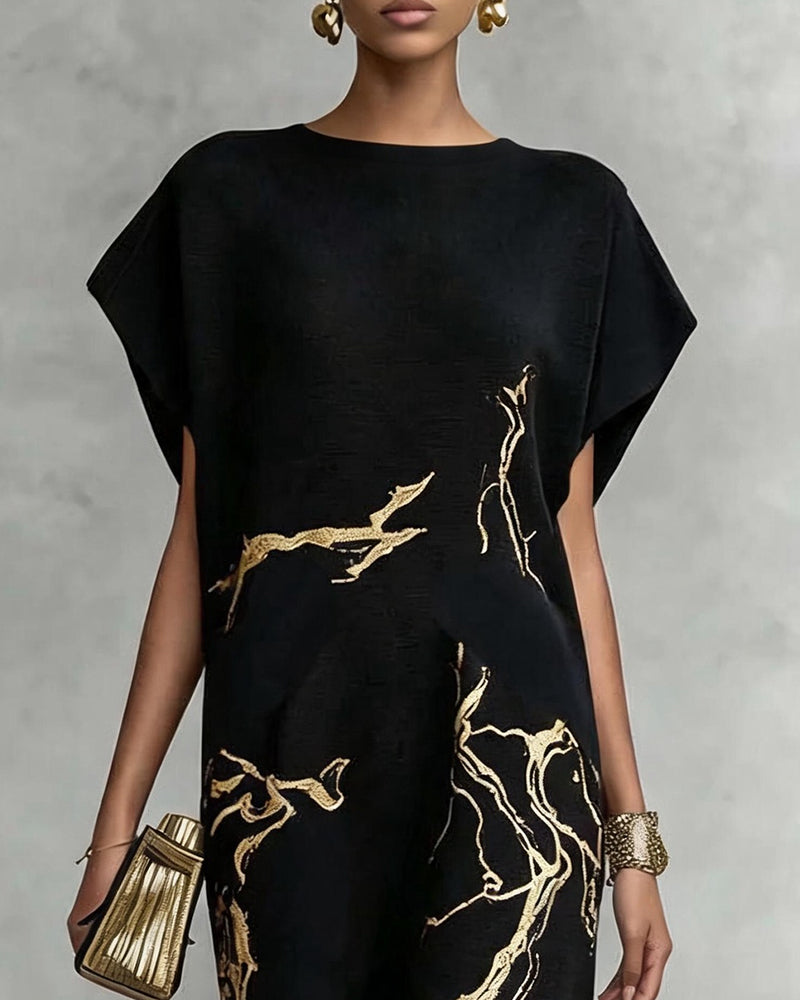 Batwing Short Sleeve Crew Neck Print Long Dress