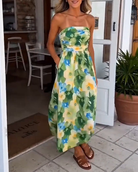 Floral Strapless Waist A-Line Dress