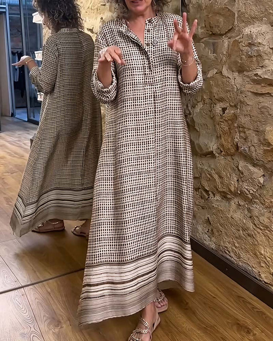 Button Plaid Pocket Slit Dress