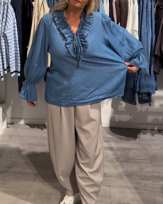 Ruffle Trim Tie-Up Denim Blouse