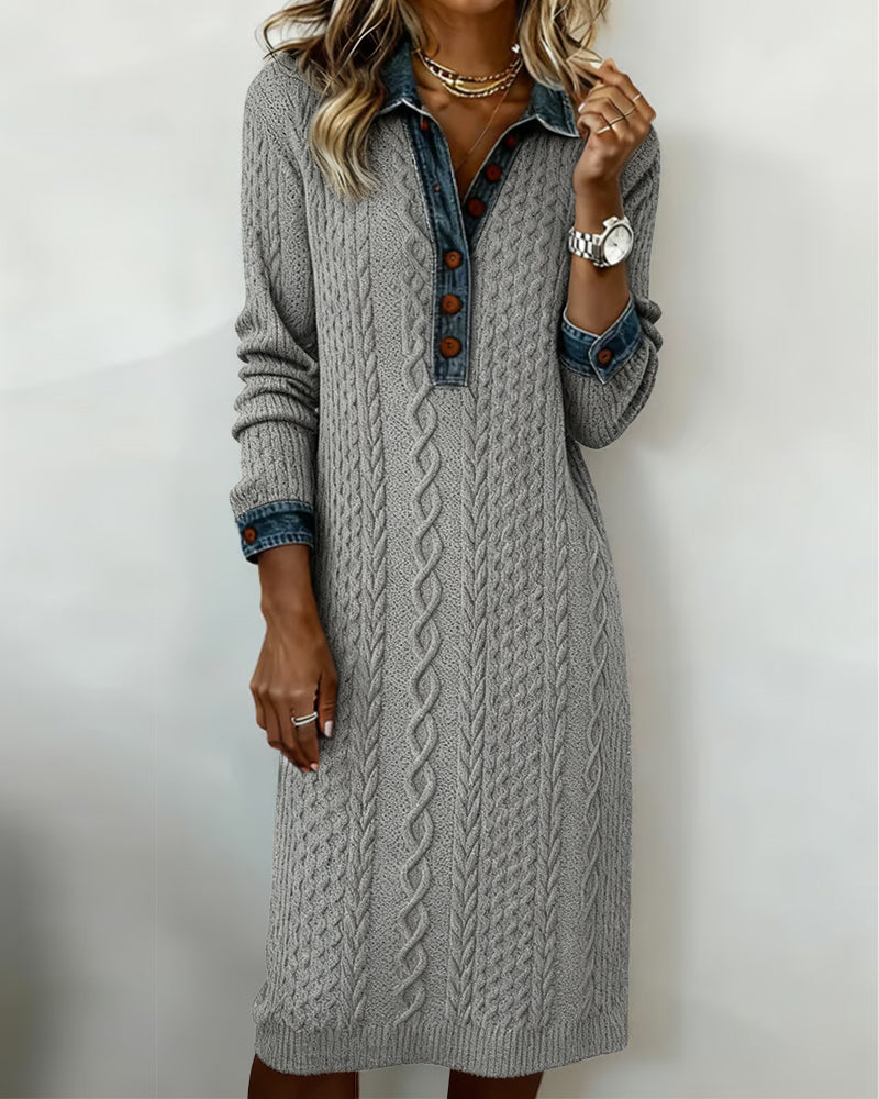 Denim cable knit patchwork collared dress