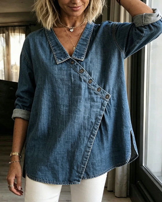 Solid Diagonal Button Lapel Long Sleeve Blouse