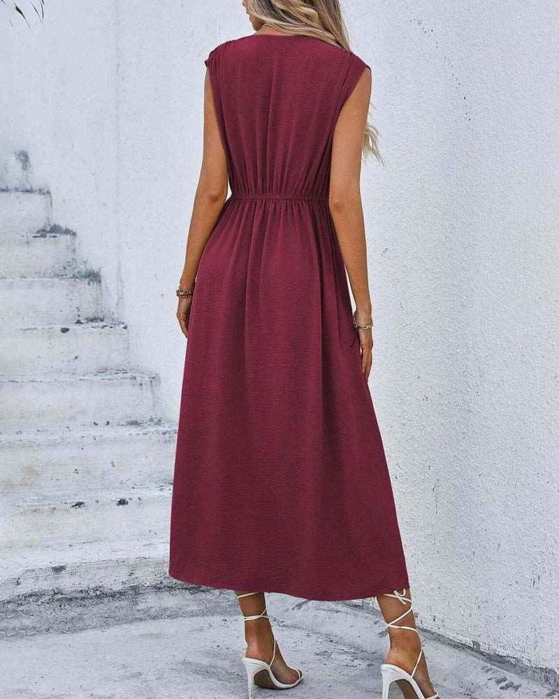 Solid Color Cinched Waist Tie Dress