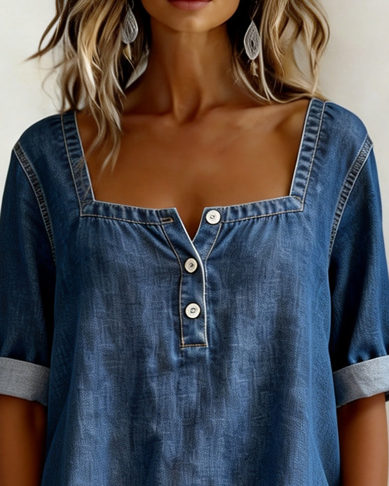 Square Neck Denim Half Sleeve Shirt