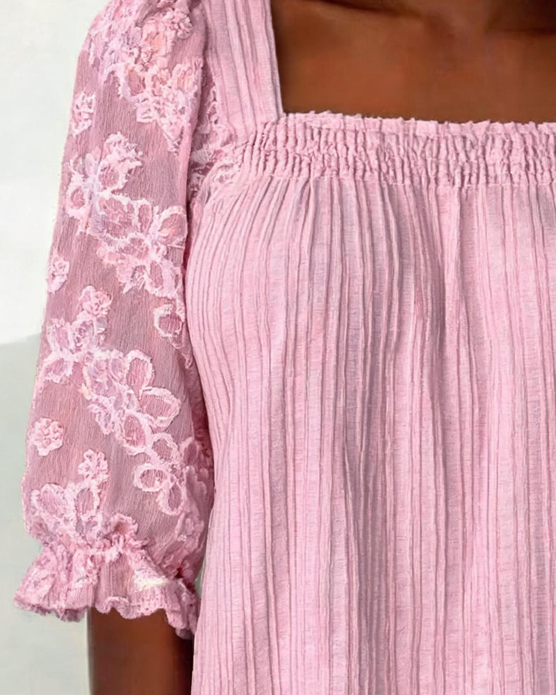 Relaxed Square Neck Puff Sleeve Smocked Blouse