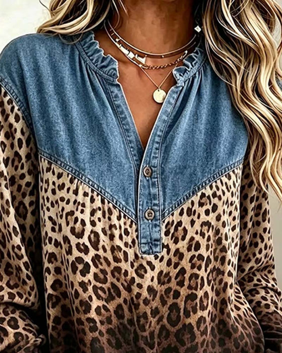 Denim Patchwork Leopard Print Long-Sleeved Top