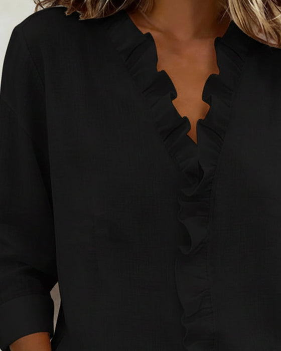 Ruffle V-Neck Long-Sleeve Blouse