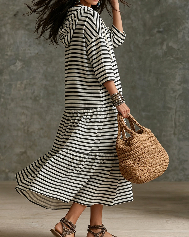 Zipper Hoodie Striped Tiered Dress