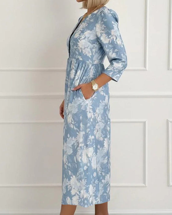 V-Neck Button Floral Shirred Dress