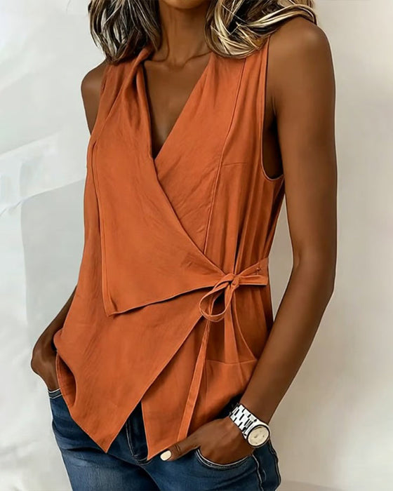 Crisscross Tie Cotton Linen Solid Tank Top