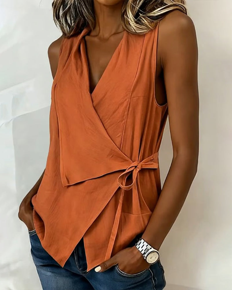 Crisscross Tie Cotton Linen Solid Tank Top