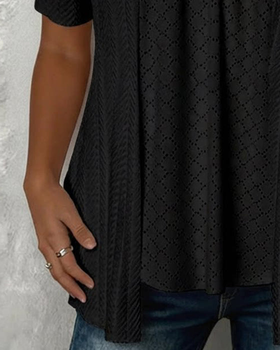 Faux Layered Square Neck Hollow Out Patchwork Blouse
